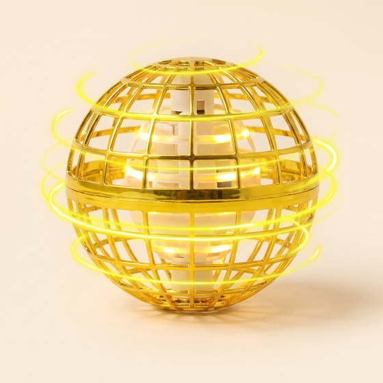 LED flying orb boomerang hover ball on warm cream studio background