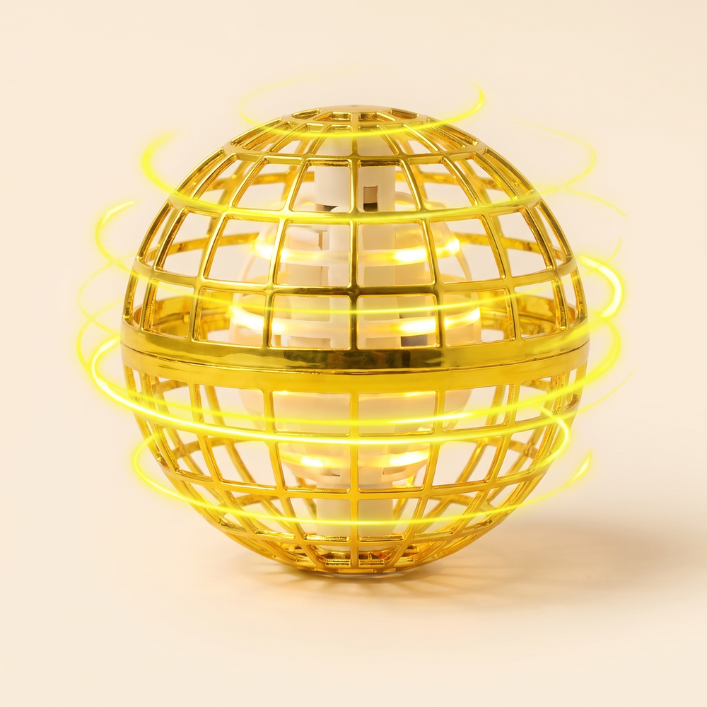 LED flying orb boomerang hover ball on warm cream studio background